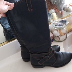 Black Boc riding boots with brown stitching